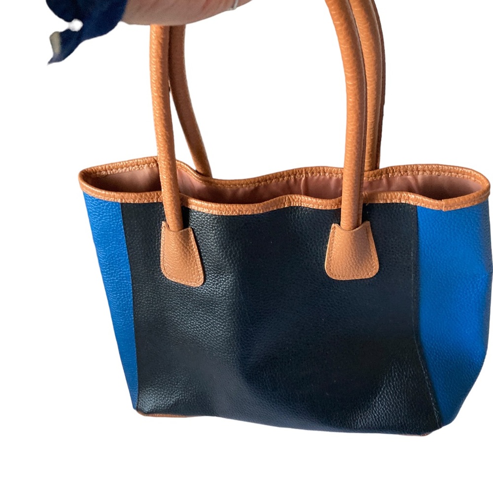 Vintage Neiman Marcus Tote Bag- Black & Blue Color-Block Pebbled Leather-GREAT
